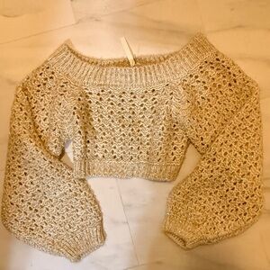 ASOS Gold Off-Shoulder Balloon Sleeve Lurex Knit Sweater XS